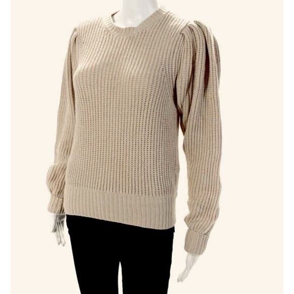 Frame Tan Ribbed Cable Knit Crew Neck Balloon Puff-Sleeve Banded Crop Sweater XS - Picture 2 of 12